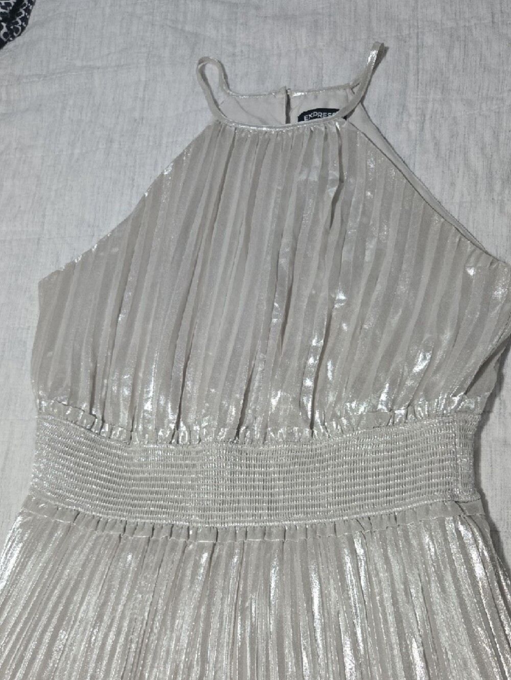 Express Metallic Pleated Halter Dress - Silver/Cream - Picture 3 of 13